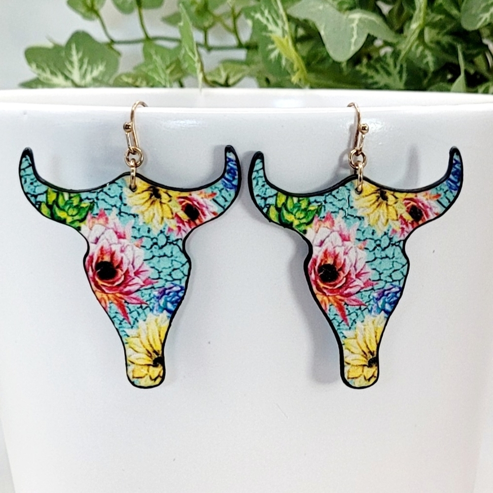 Colorful Western Steer Head  Earrings On Faux Leather New